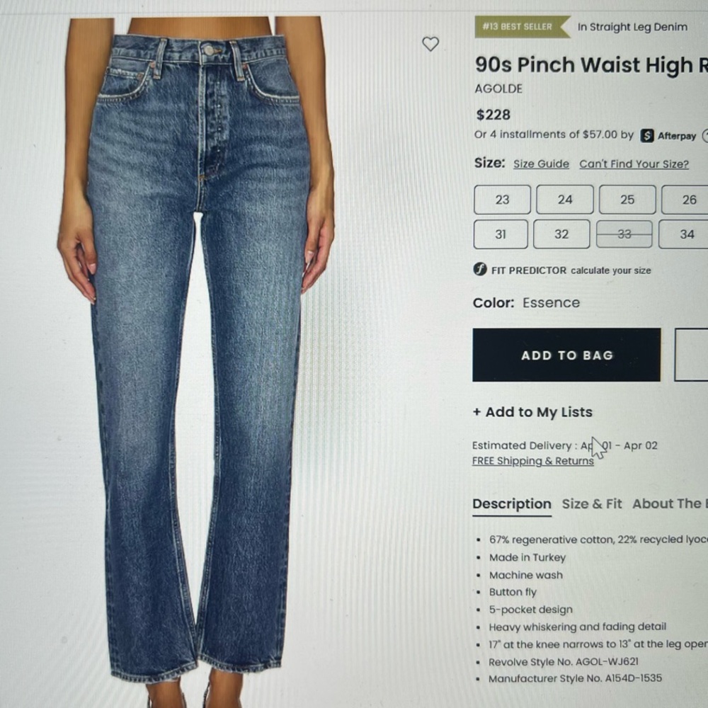 Agolde High Rise Medium Blue Jeans Straight Leg